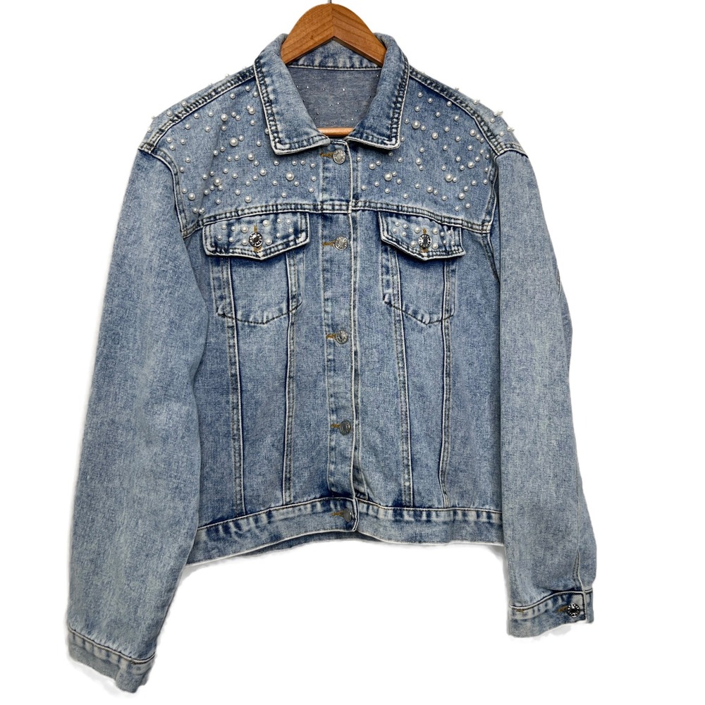 Womens Denim Jacket Pearl Embellished Light Wash Distressed Button Up Coat‎